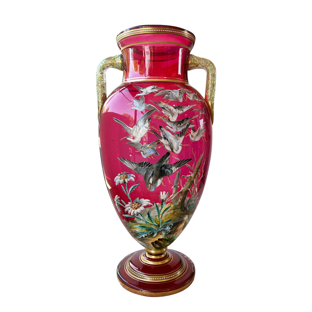 A Moser Gilt and Enameled Ruby Red Glass Two-Handled Vase, Circa 1900