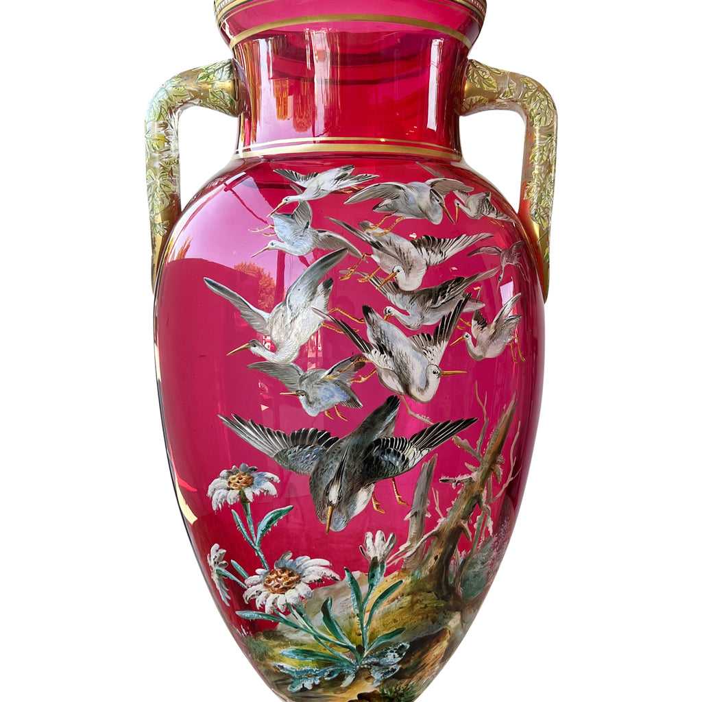 A Moser Gilt and Enameled Ruby Red Glass Two-Handled Vase, Circa 1900