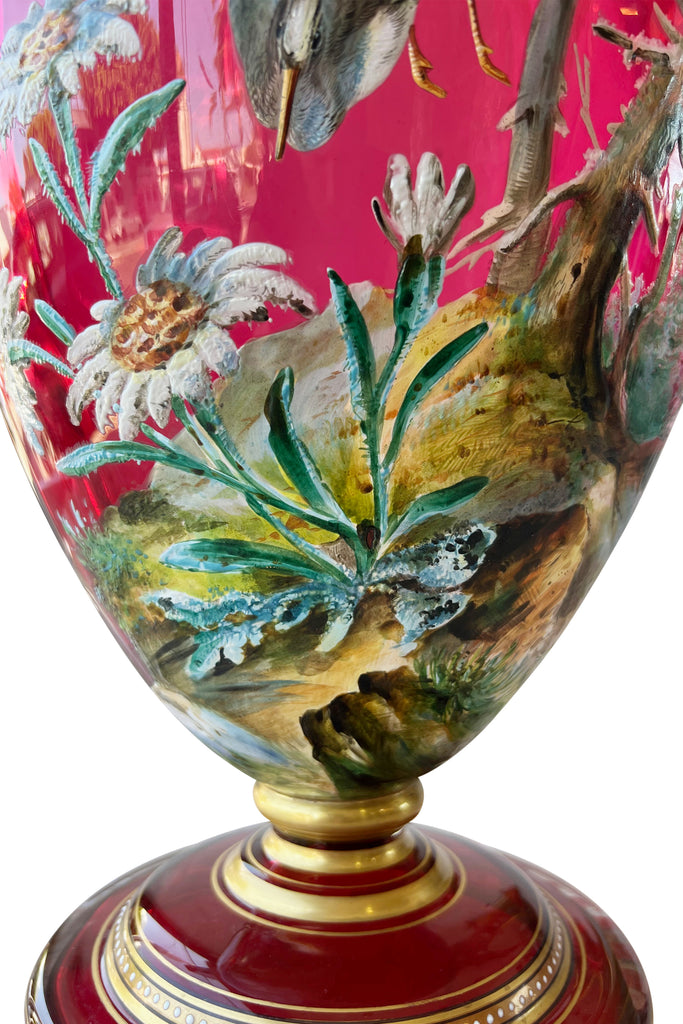 A Moser Gilt and Enameled Ruby Red Glass Two-Handled Vase, Circa 1900