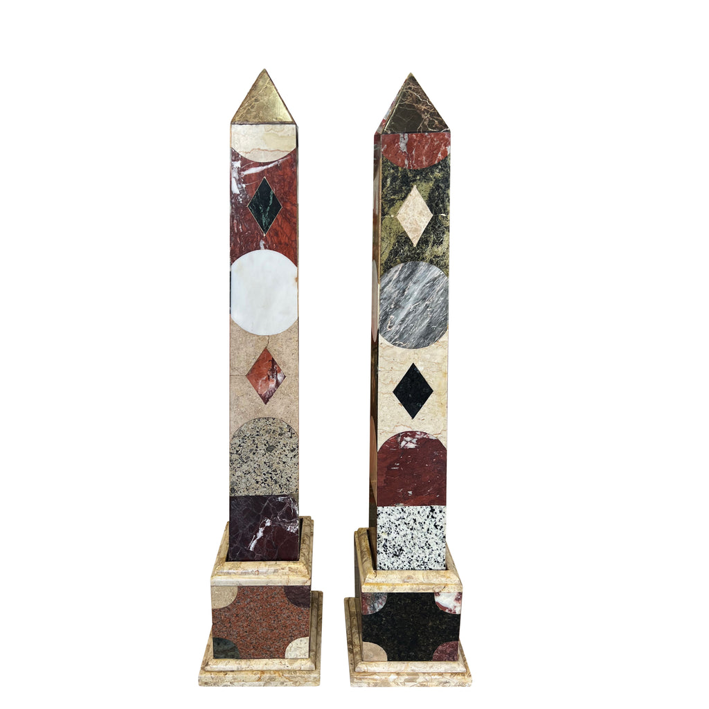 A Large Vintage Pair of Grand Tour Style Marble Inlaid Obelisks, 1970