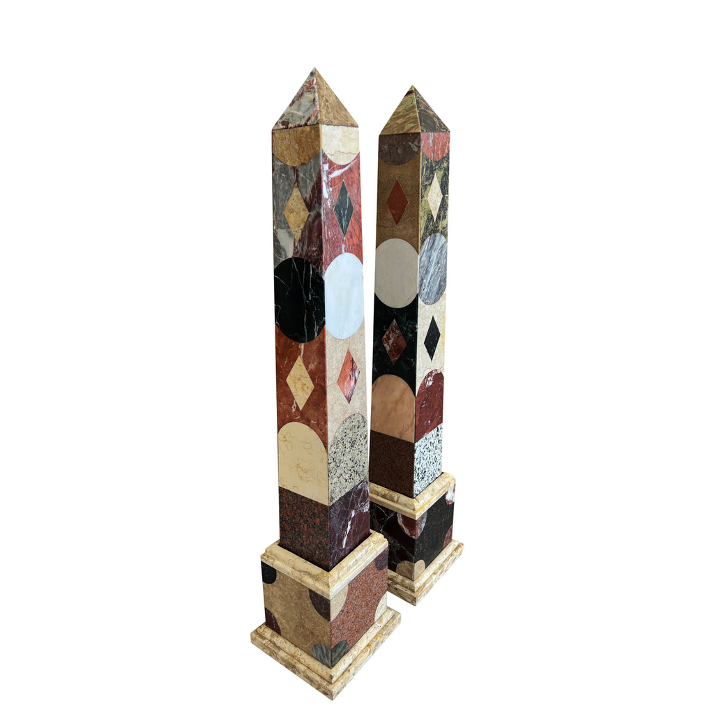 A Large Vintage Pair of Grand Tour Style Marble Inlaid Obelisks, 1970