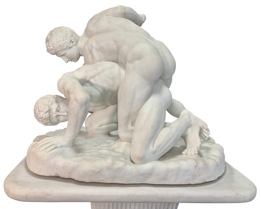 ITALIAN LIFE-SIZE WHITE MARBLE GROUP TITLED 'THE WRESTLERS' AFTER ANTONIO FRILLI