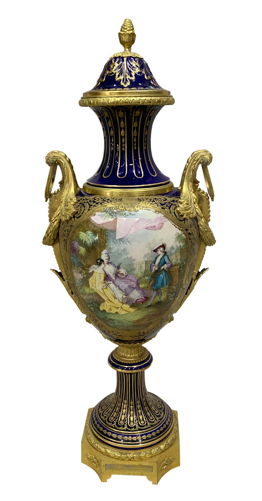 LARGE SEVRES STYLE ORMOLU MOUNTED COVERED VASE, CIRCA 1860