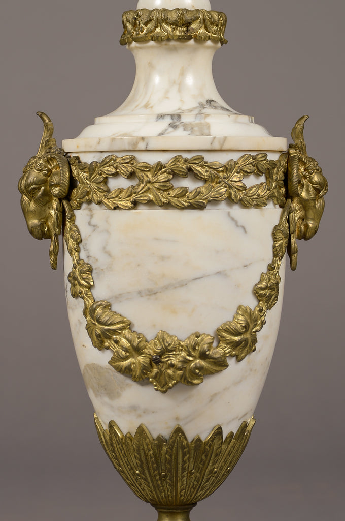 Pair of gilt bronze mounted white marble cassolettes