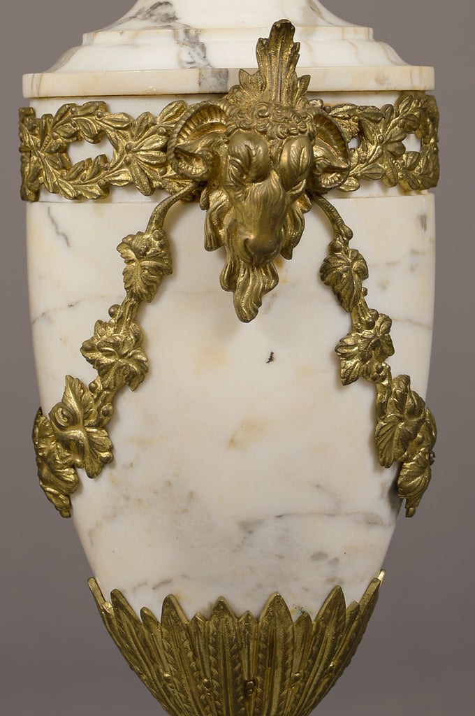 Pair of gilt bronze mounted white marble cassolettes