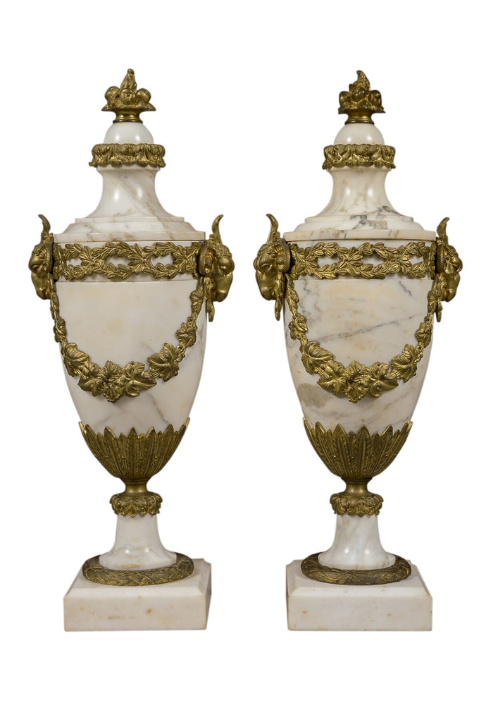 Pair of gilt bronze mounted white marble cassolettes