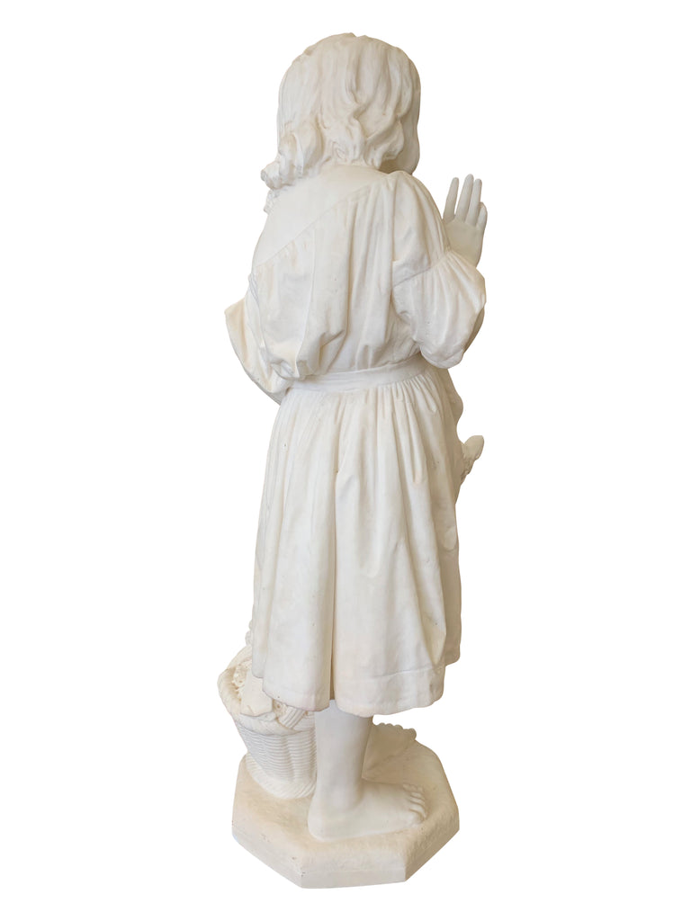 ITALIAN CARRARA MARBLE FIGURE OF A YOUNG GIRL WITH A DOVE BY EMANUELE CARONI