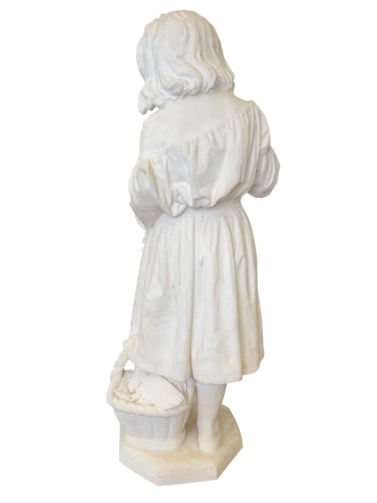 ITALIAN CARRARA MARBLE FIGURE OF A YOUNG GIRL WITH A DOVE BY EMANUELE CARONI