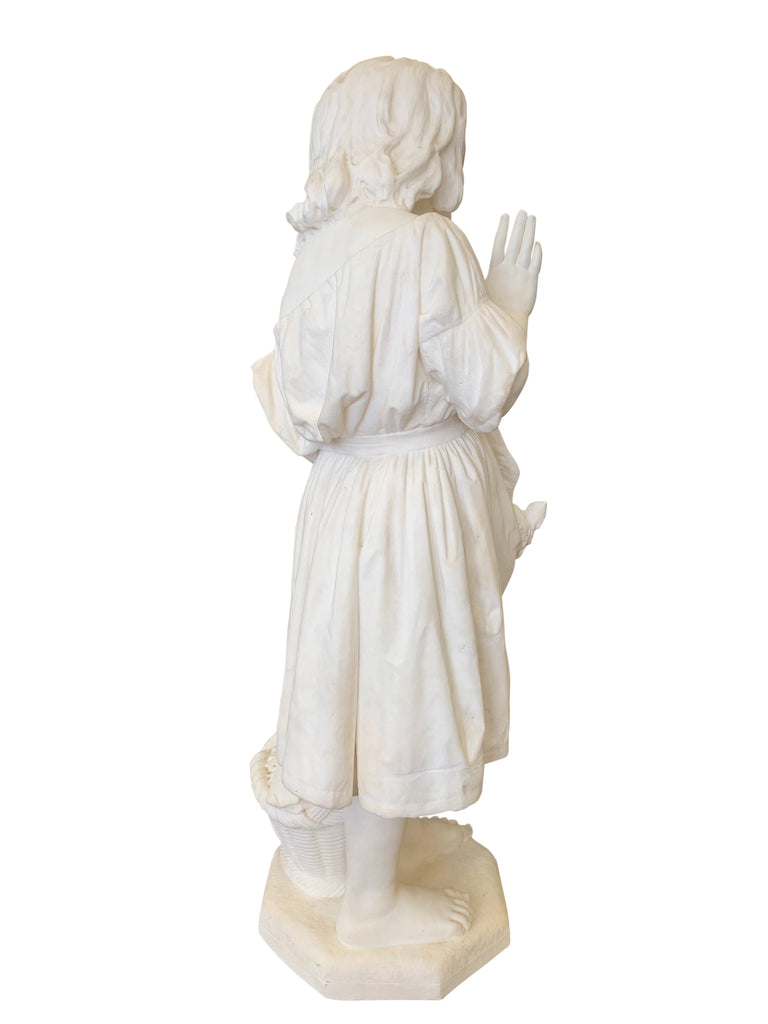 ITALIAN CARRARA MARBLE FIGURE OF A YOUNG GIRL WITH A DOVE BY EMANUELE CARONI