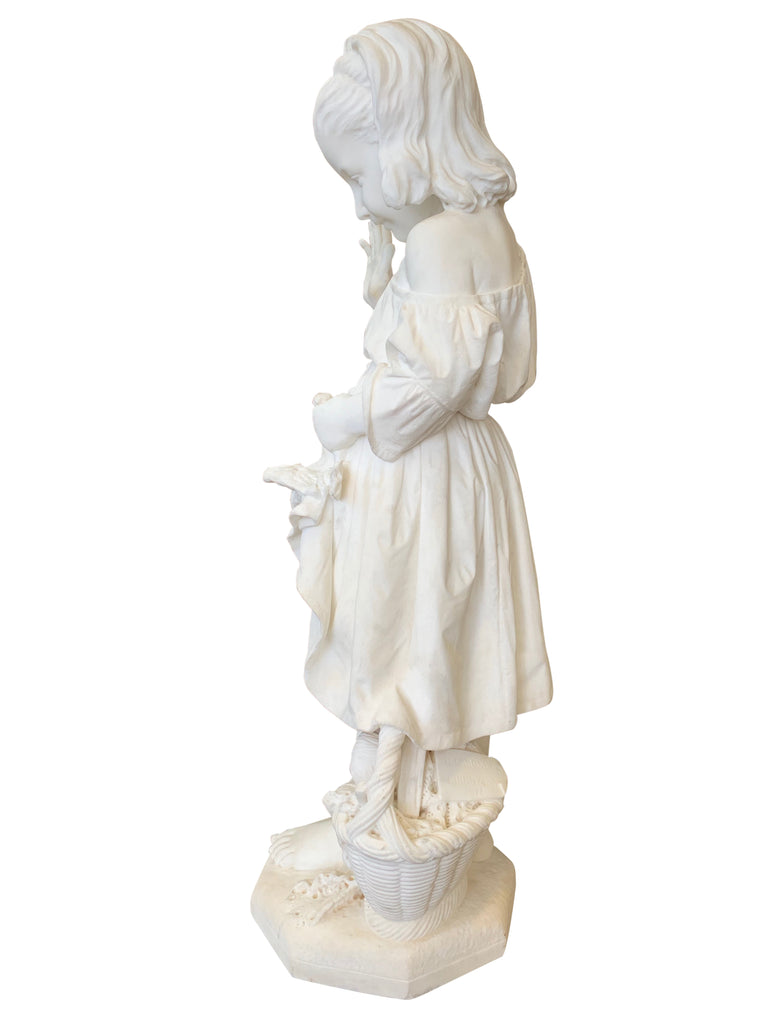 ITALIAN CARRARA MARBLE FIGURE OF A YOUNG GIRL WITH A DOVE BY EMANUELE CARONI