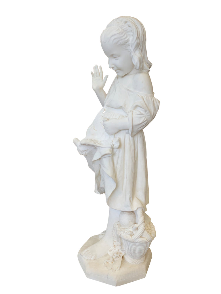 ITALIAN CARRARA MARBLE FIGURE OF A YOUNG GIRL WITH A DOVE BY EMANUELE CARONI