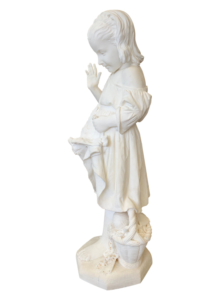 ITALIAN CARRARA MARBLE FIGURE OF A YOUNG GIRL WITH A DOVE BY EMANUELE CARONI