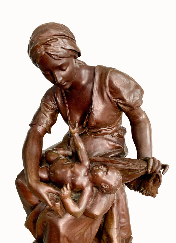 FRENCH PATINATED BRONZE OF MOTHER & CHILD BY PIERRE LOUIS DETRIER, 19TH CENTURY