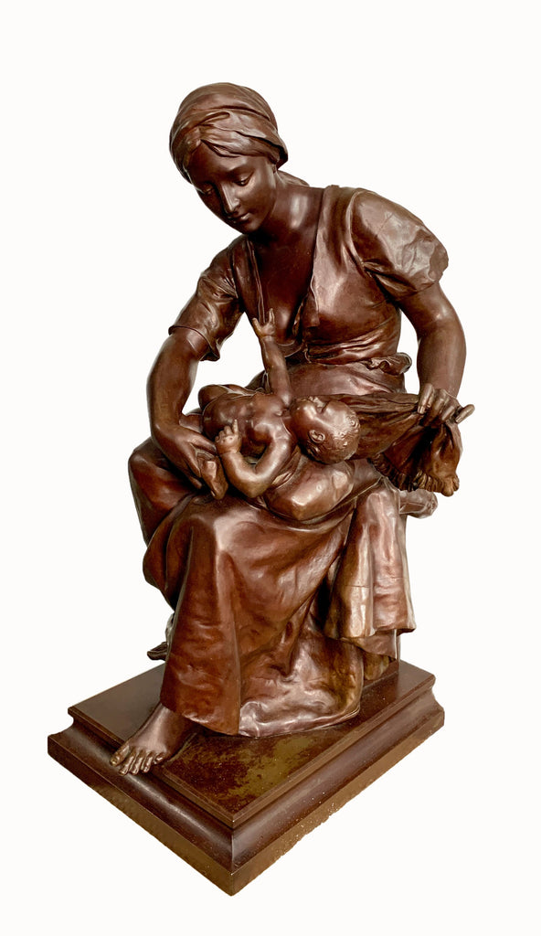 FRENCH PATINATED BRONZE OF MOTHER & CHILD BY PIERRE LOUIS DETRIER, 19TH CENTURY