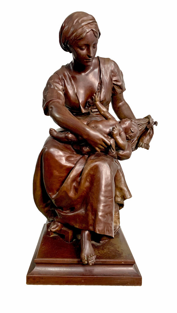 FRENCH PATINATED BRONZE OF MOTHER & CHILD BY PIERRE LOUIS DETRIER, 19TH CENTURY