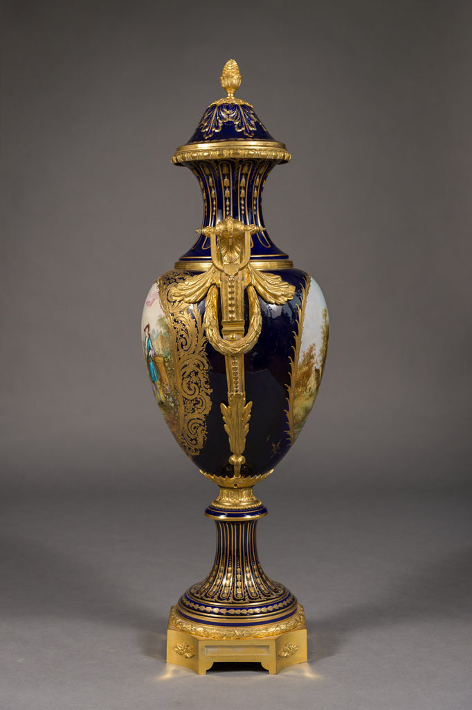 LARGE SEVRES STYLE ORMOLU MOUNTED COVERED VASE, CIRCA 1860