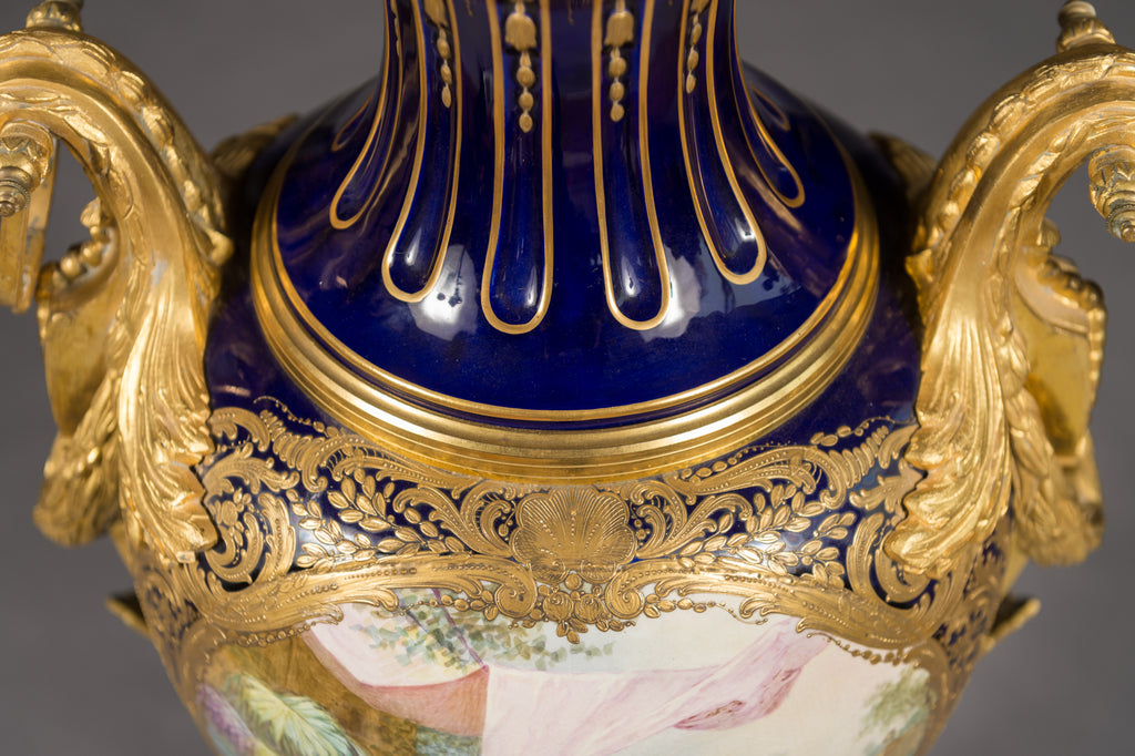 LARGE SEVRES STYLE ORMOLU MOUNTED COVERED VASE, CIRCA 1860