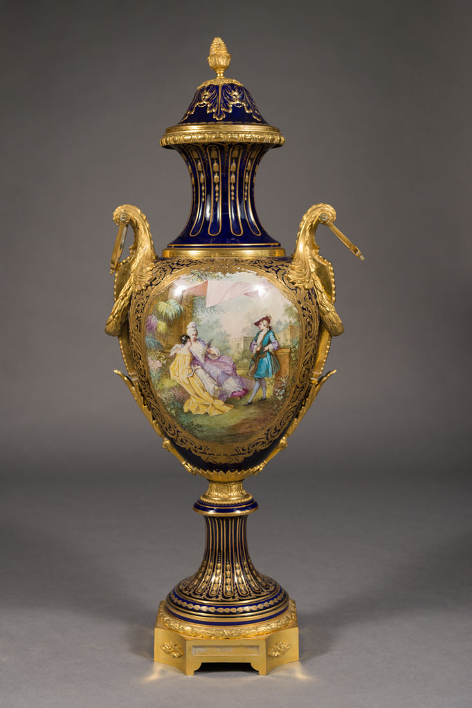 LARGE SEVRES STYLE ORMOLU MOUNTED COVERED VASE, CIRCA 1860