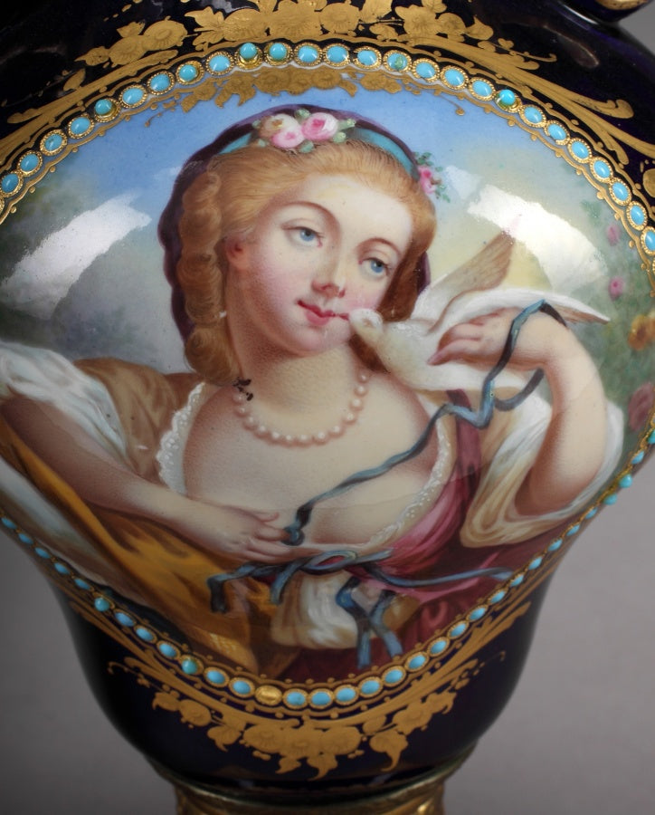 A PAIR OF SEVRES STYLE JEWELED PORTRAIT VASES